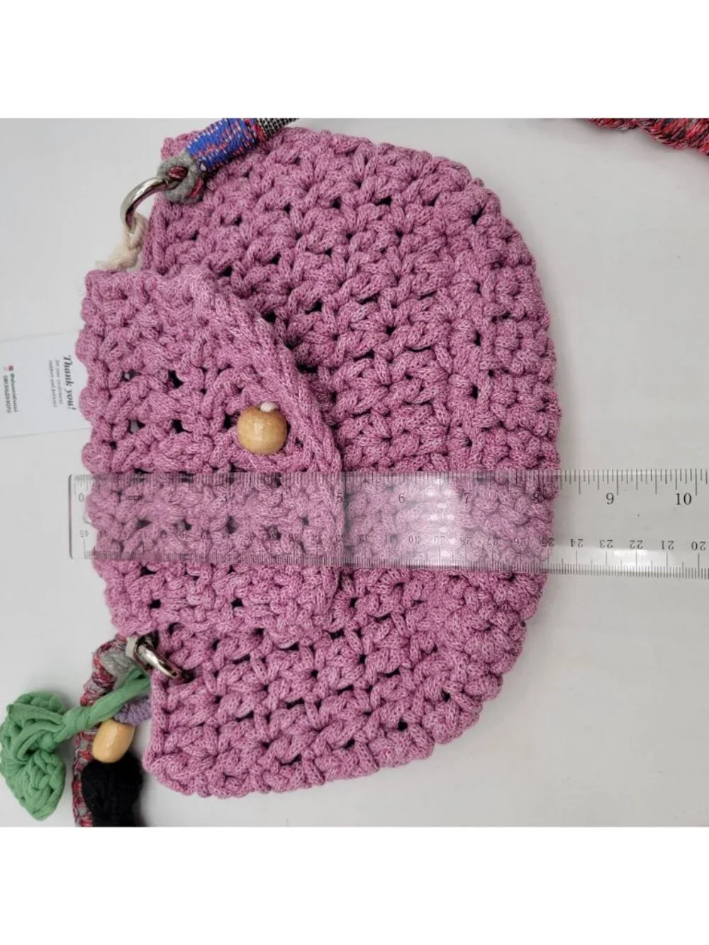 Handcrafted Shooci Crocheted Pink Shoulder Bag w/Yarn Wrap Strap & Tassel Accent - Picture 9 of 10